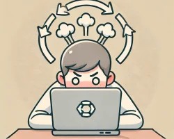 DALL·E 2024-10-29 15.48.03 - A minimalist illustration showing a frustrated student sitting directly facing a laptop on a desk. Circular arrows above the laptop screen indicate re